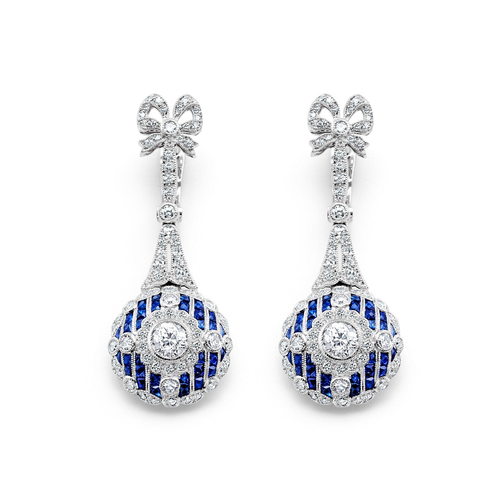 Diamond Sapphire Platinum Earrings Art Deco Antique Inspired Estate Natural