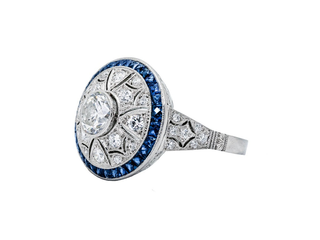 Art Deco Diamond Blue Sapphire Platinum Ring Cocktail 2.20 TCW Natural