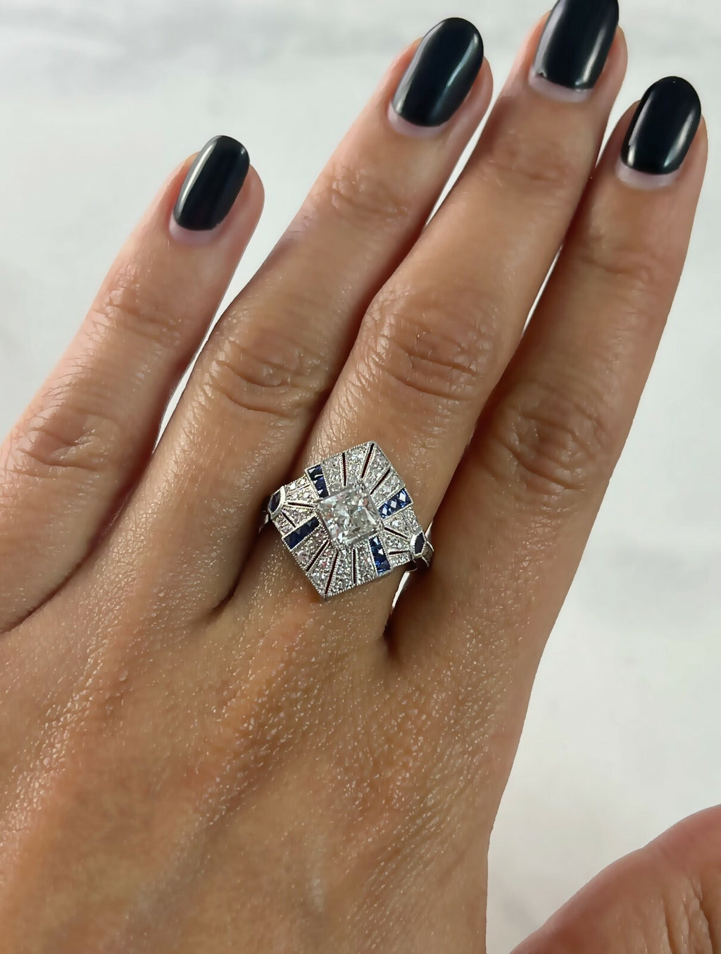 Princess Cut Diamond Sapphire Platinum Ring Engagement Art Deco Handmade Natural