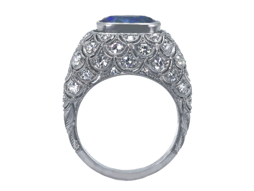 Art Deco Cushion Sapphire Diamond Platinum Ring Natural 5.30 CTW GIA Certified