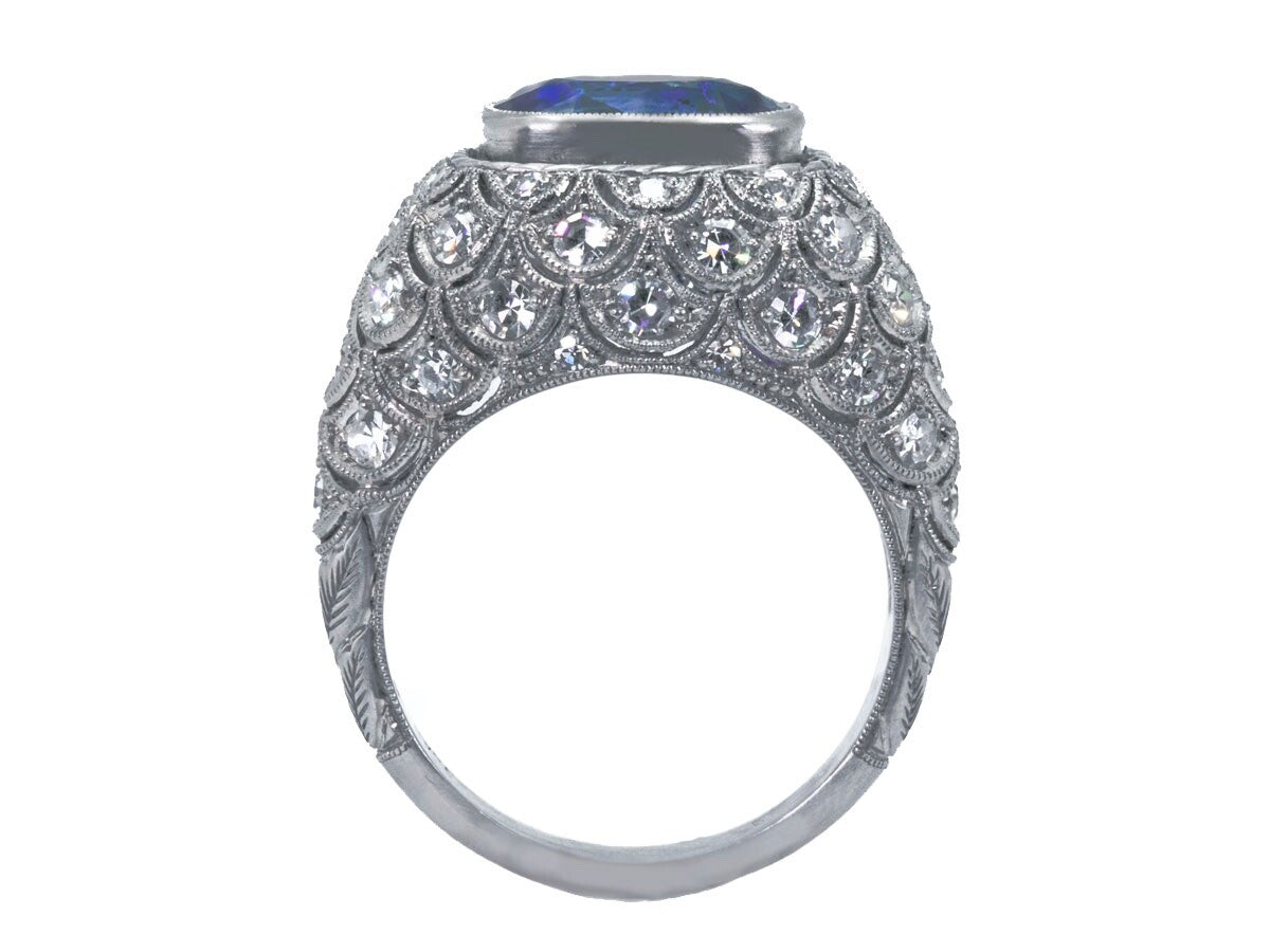 Art Deco Cushion Sapphire Diamond Platinum Ring Natural 5.30 CTW GIA Certified