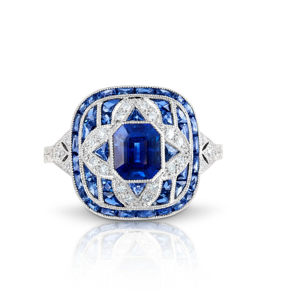 Art Deco Blue Sapphire Diamond Platinum Ring Natural Antique Finish 2.72 CTW