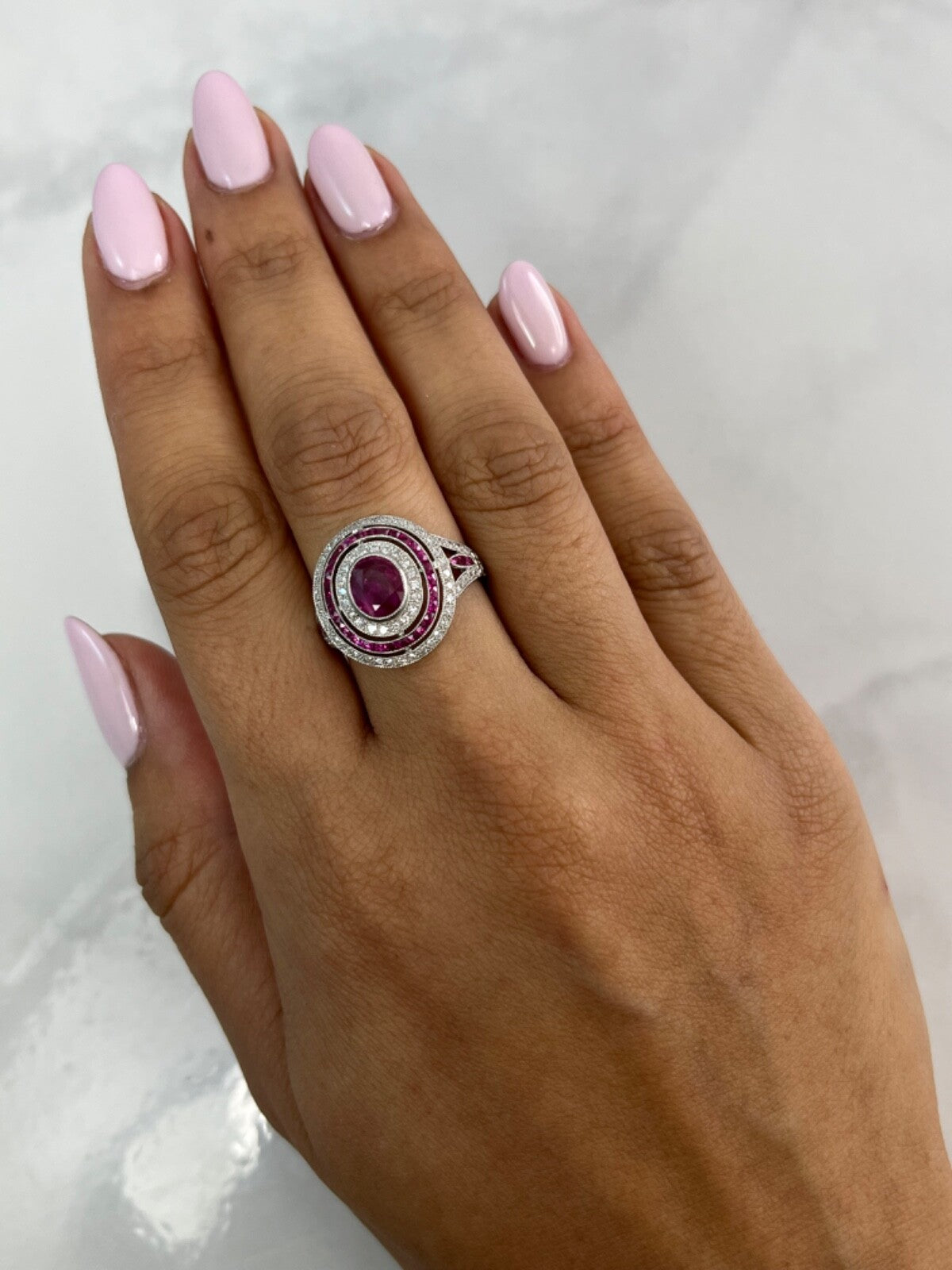 Art Deco Oval Ruby Diamond Platinum Ring Antique Finish Natural Handmade 1.95CTW