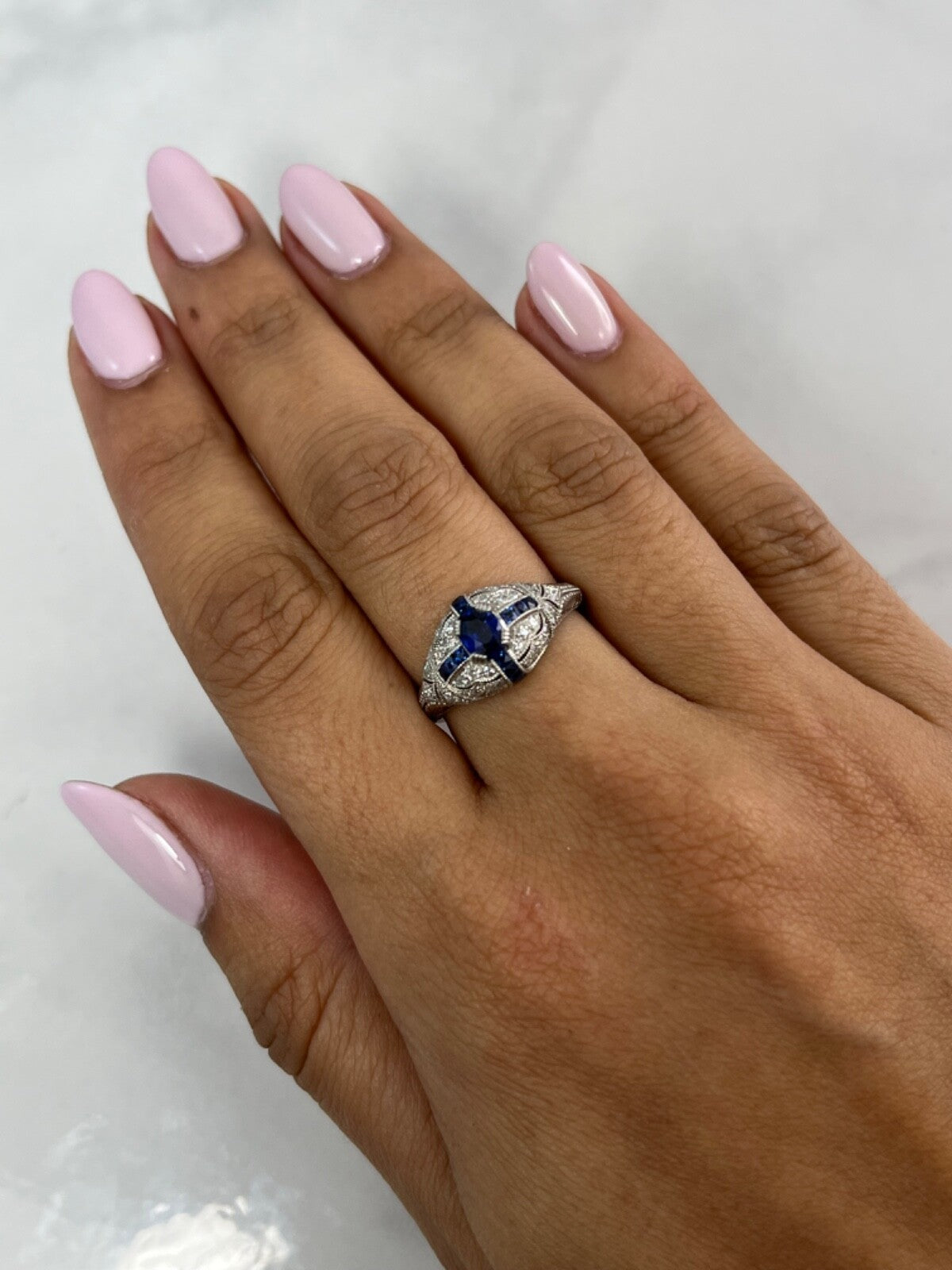 Art Deco Oval Blue Sapphire Diamond Platinum Engagement Ring Natural 1.00 CTW