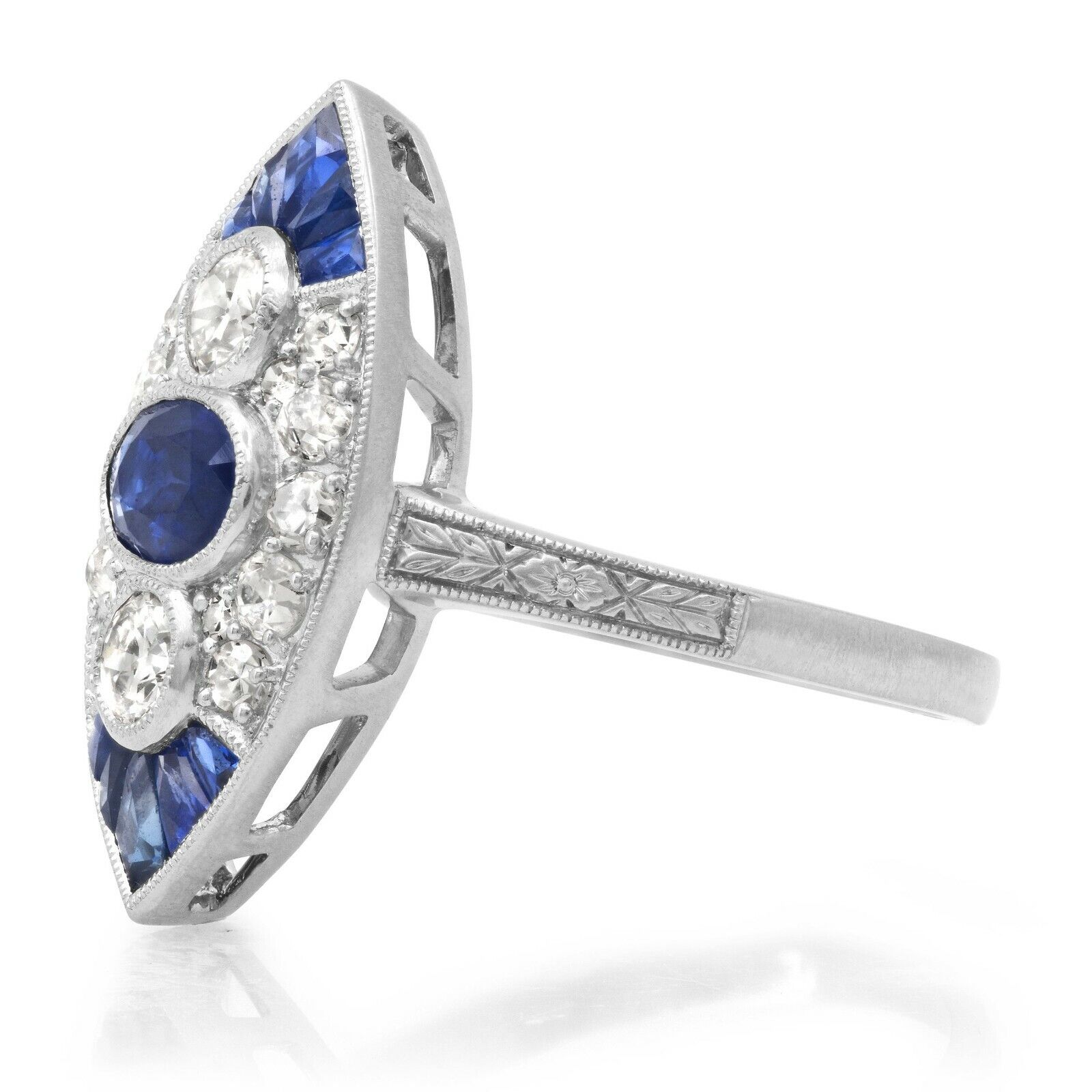 Blue Sapphire Diamond Platinum Ring Art Deco Antique Design Natural 2.07 CTW