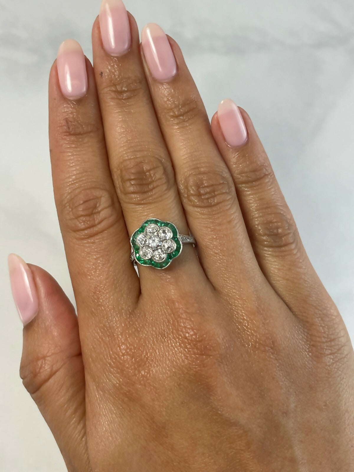 Diamond Emerald Platinum Flower Ring Art Deco Cocktail Handmade Natural 1.60 CTW