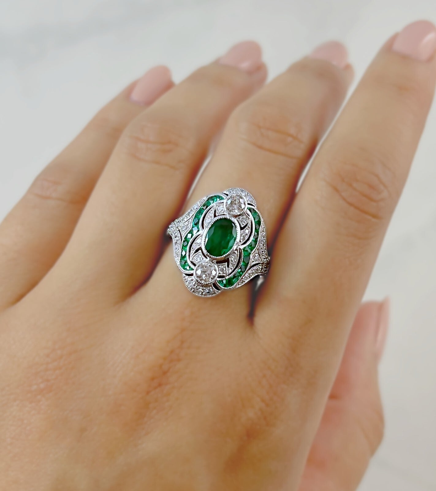 Art Deco Emerald Platinum Diamond Ring Cocktail Right Hand Old Mine European