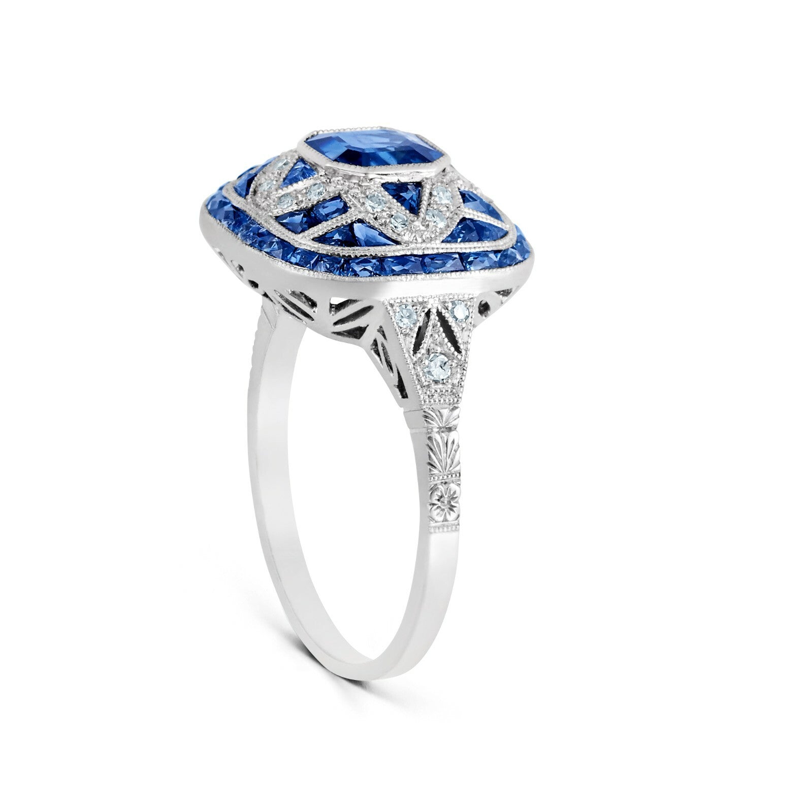 Art Deco Blue Sapphire Old Mine Diamond Engagement Ring Platinum European 2.28CT